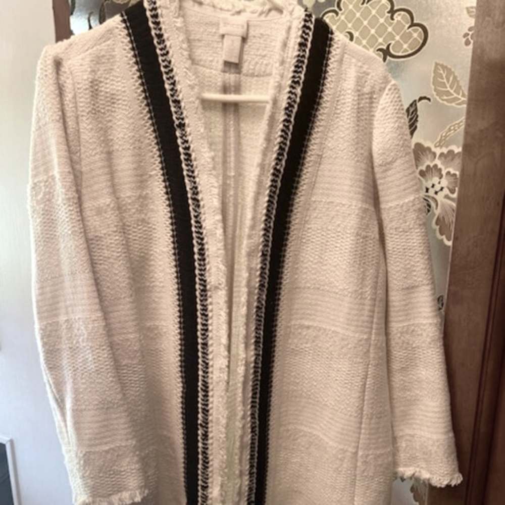 Chico's off-white boucle jacket with black trim Size 3